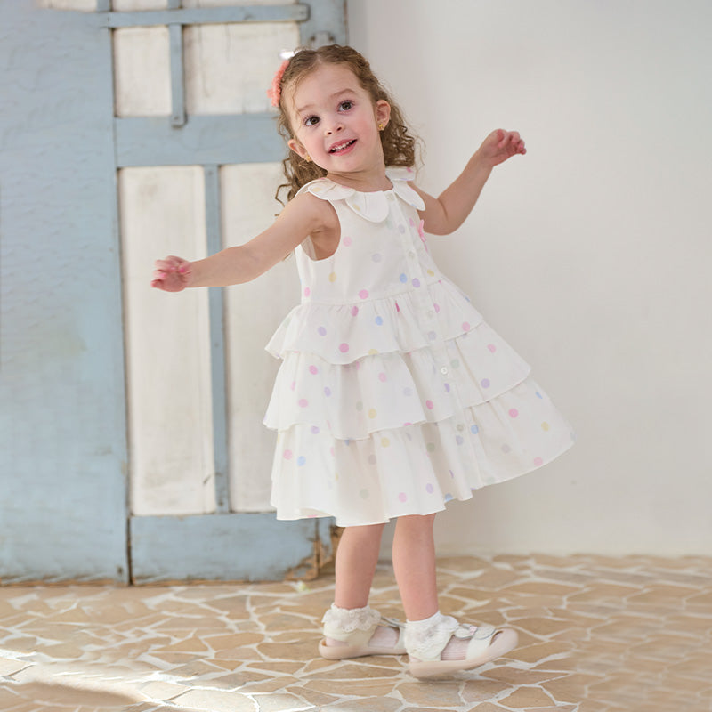 فستان بنات صيفي بدون أكمام من القطن بنقوش ملونة، بتصميم تنورة متعددة الطبقات