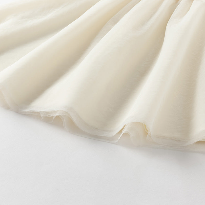 فستان بنات صيفي من التول باللون البيج بأسلوب صيني عصري (يشمل حقيبة كروس)