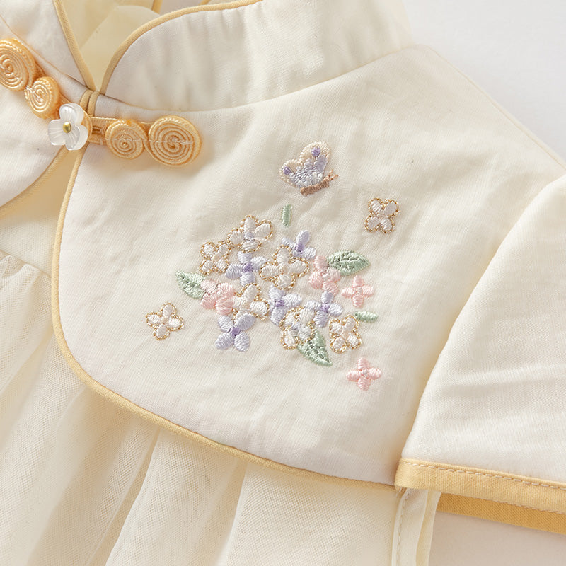 فستان بنات صيفي من التول باللون البيج بأسلوب صيني عصري (يشمل حقيبة كروس)