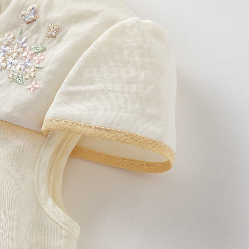 فستان بنات صيفي من التول باللون البيج بأسلوب صيني عصري (يشمل حقيبة كروس)