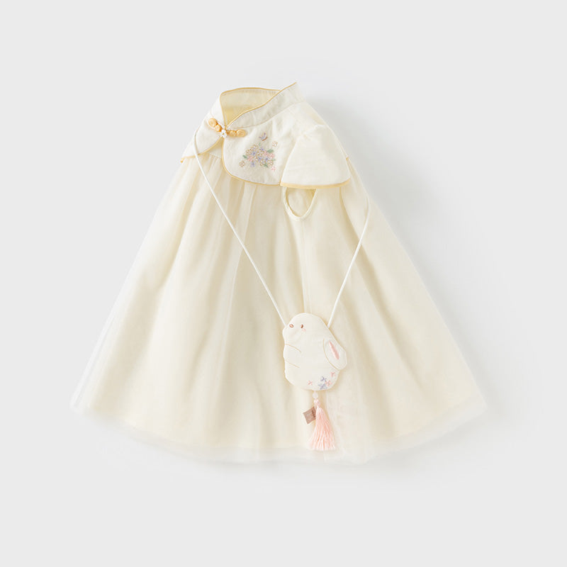 فستان بنات صيفي من التول باللون البيج بأسلوب صيني عصري (يشمل حقيبة كروس)