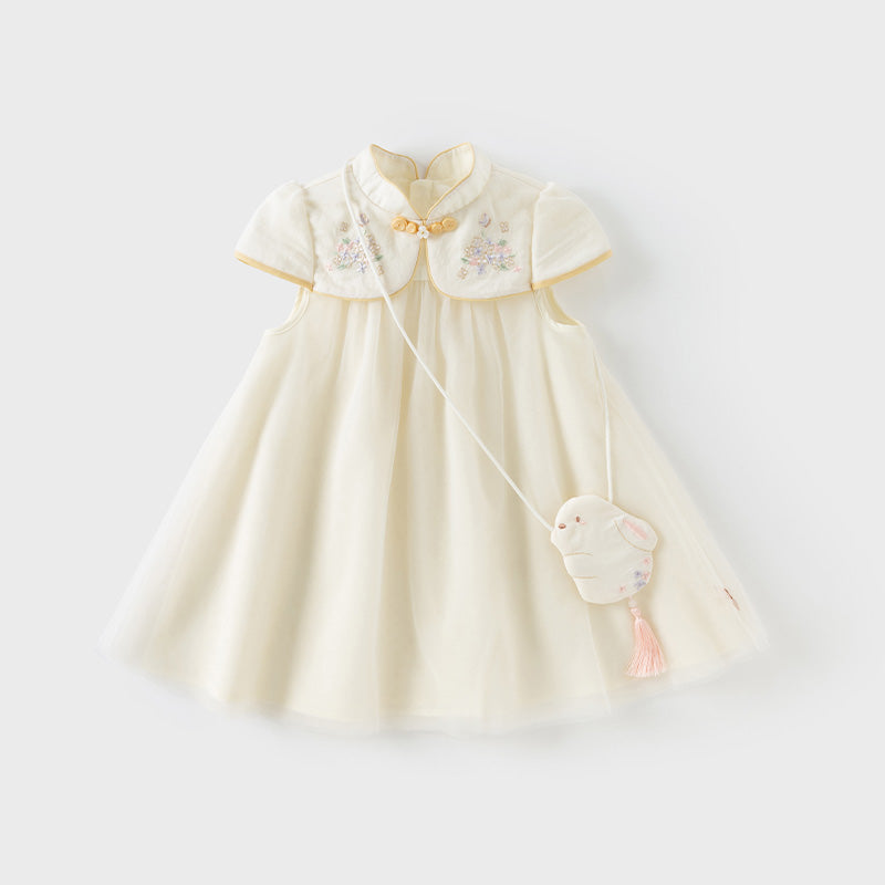 فستان بنات صيفي من التول باللون البيج بأسلوب صيني عصري (يشمل حقيبة كروس)