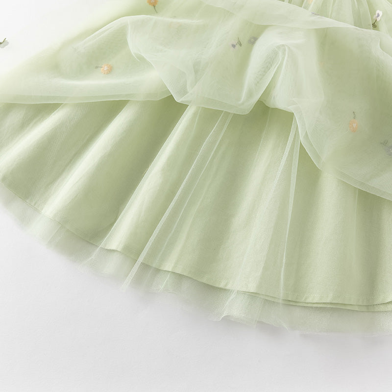 فستان بنات صيفي من التول باللون الأخضر الفاصولياء بأسلوب صيني عصري (يشمل حقيبة كروس)