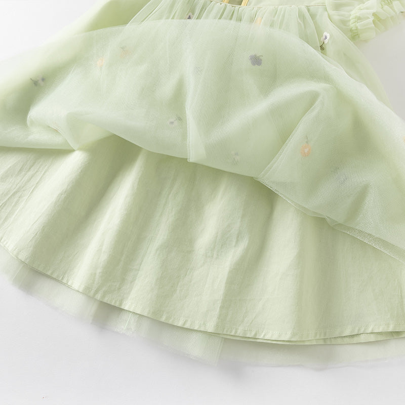 فستان بنات صيفي من التول باللون الأخضر الفاصولياء بأسلوب صيني عصري (يشمل حقيبة كروس)