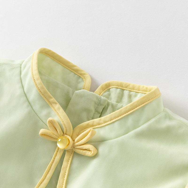 فستان بنات صيفي من التول باللون الأخضر الفاصولياء بأسلوب صيني عصري (يشمل حقيبة كروس)