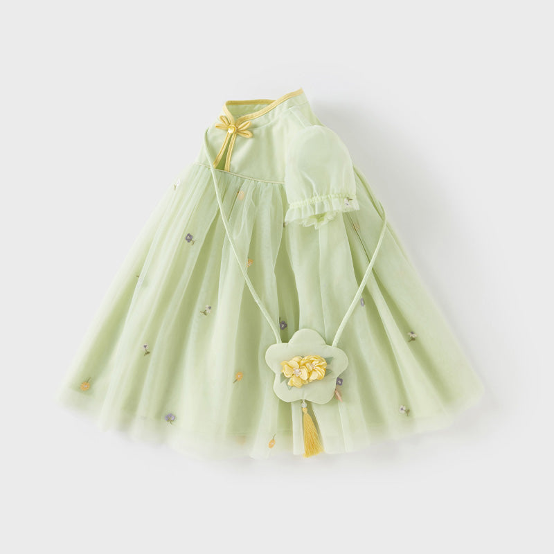 فستان بنات صيفي من التول باللون الأخضر الفاصولياء بأسلوب صيني عصري (يشمل حقيبة كروس)