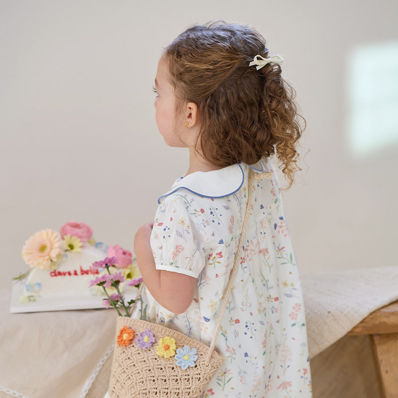 فستان بنات صيفي من القطن بطباعة زهرية مع أكمام منفوشة، أسلوب لطيف