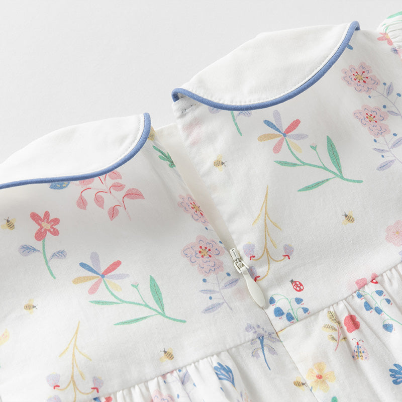 فستان بنات صيفي من القطن بطباعة زهرية مع أكمام منفوشة، أسلوب لطيف