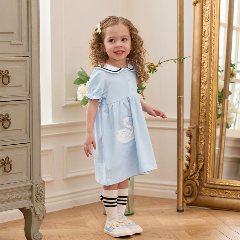 فستان بنات صيفي من القطن بأكمام منفوشة باللون الأزرق الفاتح مع تطريز بجعة، أسلوب لطيف