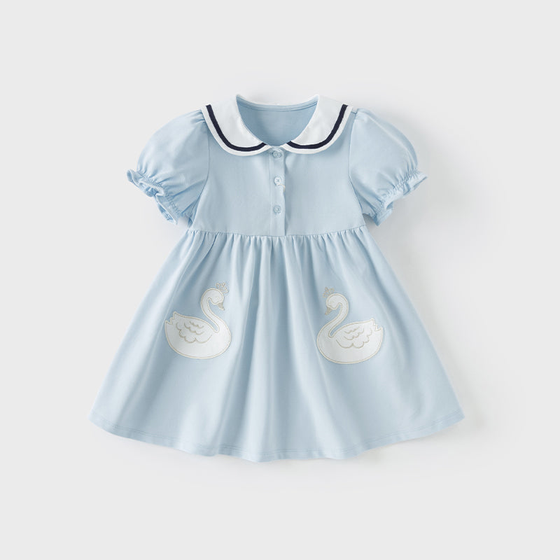 فستان بنات صيفي من القطن بأكمام منفوشة باللون الأزرق الفاتح مع تطريز بجعة، أسلوب لطيف