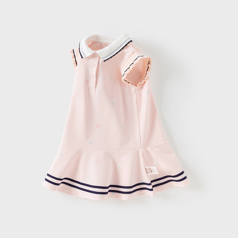 فستان بنات صيفي بدون أكمام باللون الوردي/الأصفر بتصميم رياضي وياقة بولو