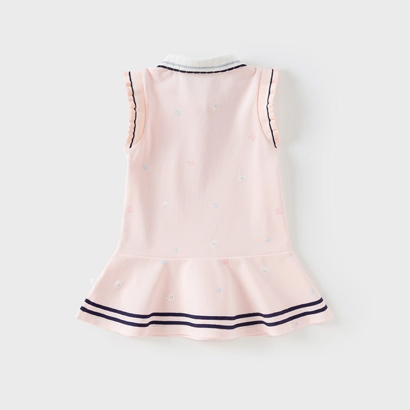 فستان بنات صيفي بدون أكمام باللون الوردي/الأصفر بتصميم رياضي وياقة بولو