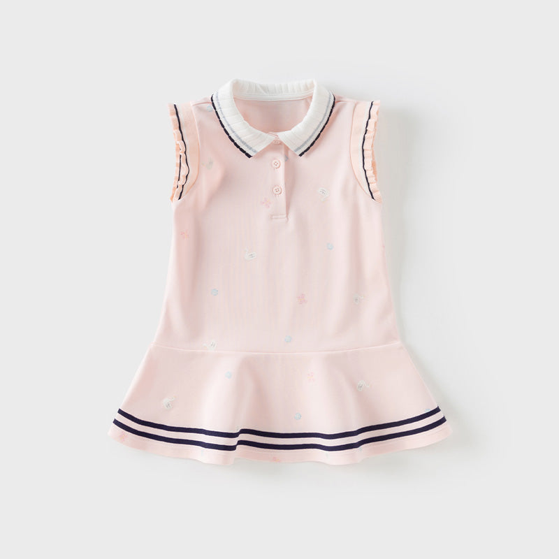 فستان بنات صيفي بدون أكمام باللون الوردي/الأصفر بتصميم رياضي وياقة بولو