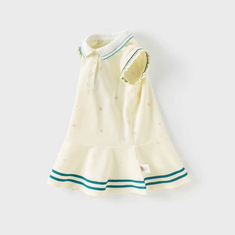 فستان بنات صيفي بدون أكمام باللون الوردي/الأصفر بتصميم رياضي وياقة بولو