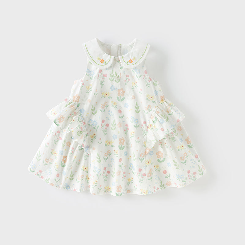 فستان بنات صيفي بدون أكمام من القطن الخالص بطباعة زهرية