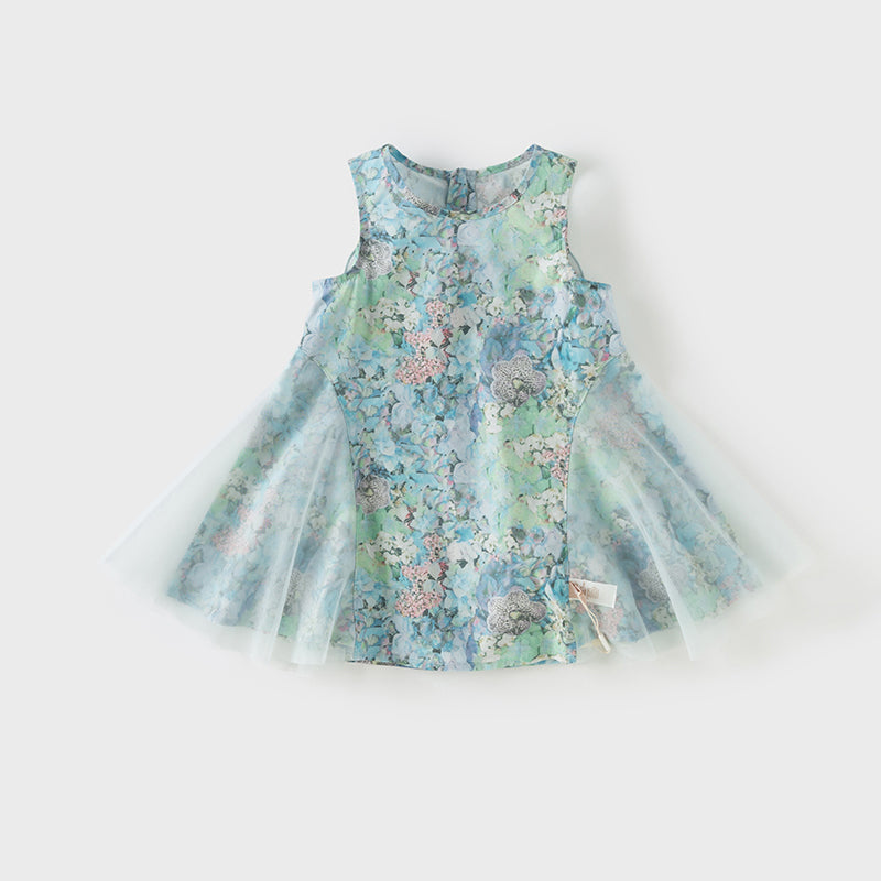 فستان صيفي للبنات الصغيرات بدون أكمام باللون الأزرق الأنيق مع طبعة زهور ومزيج من التول