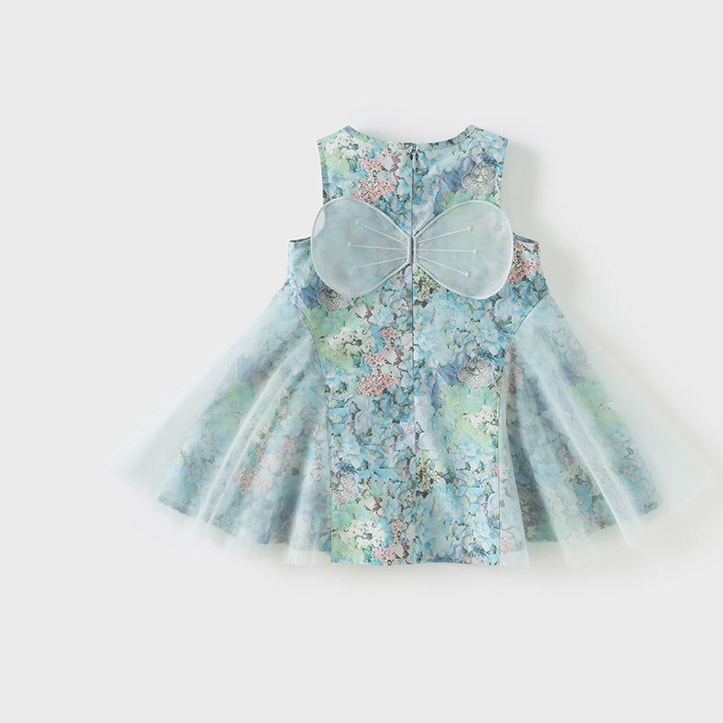 فستان صيفي للبنات الصغيرات بدون أكمام باللون الأزرق الأنيق مع طبعة زهور ومزيج من التول