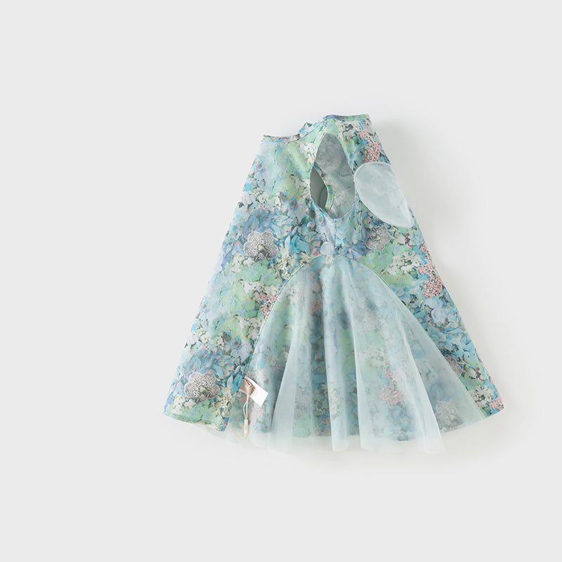 فستان صيفي للبنات الصغيرات بدون أكمام باللون الأزرق الأنيق مع طبعة زهور ومزيج من التول