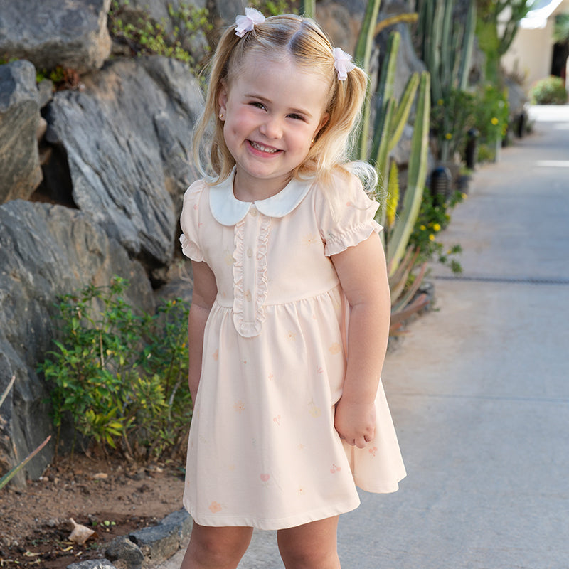 فستان بنات صيفي قطني بطبعة وردية، أسلوب لطيف