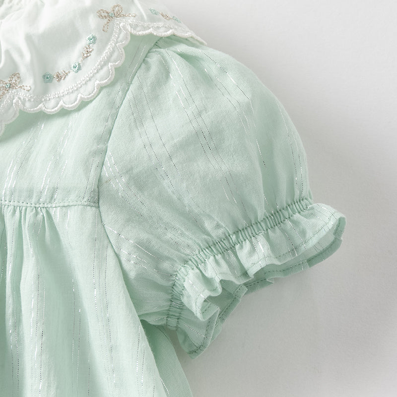 فستان بنات صيفي من القطن بأكمام قصيرة باللون الأخضر بأسلوب أميرة