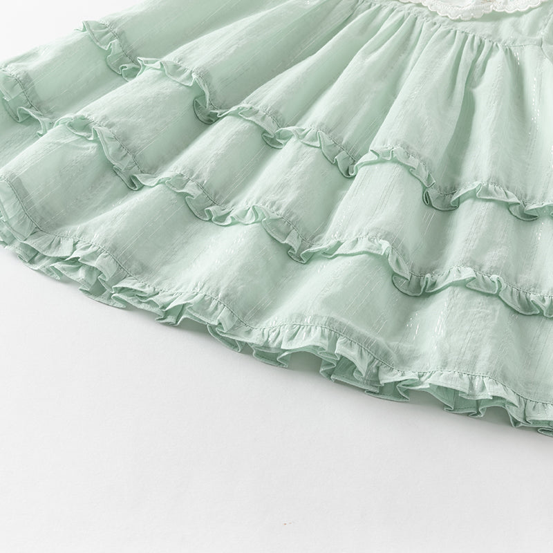 فستان بنات صيفي من القطن بأكمام قصيرة باللون الأخضر بأسلوب أميرة