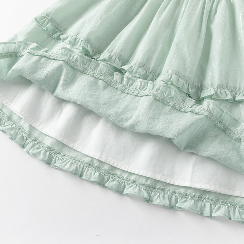 فستان بنات صيفي من القطن بأكمام قصيرة باللون الأخضر بأسلوب أميرة