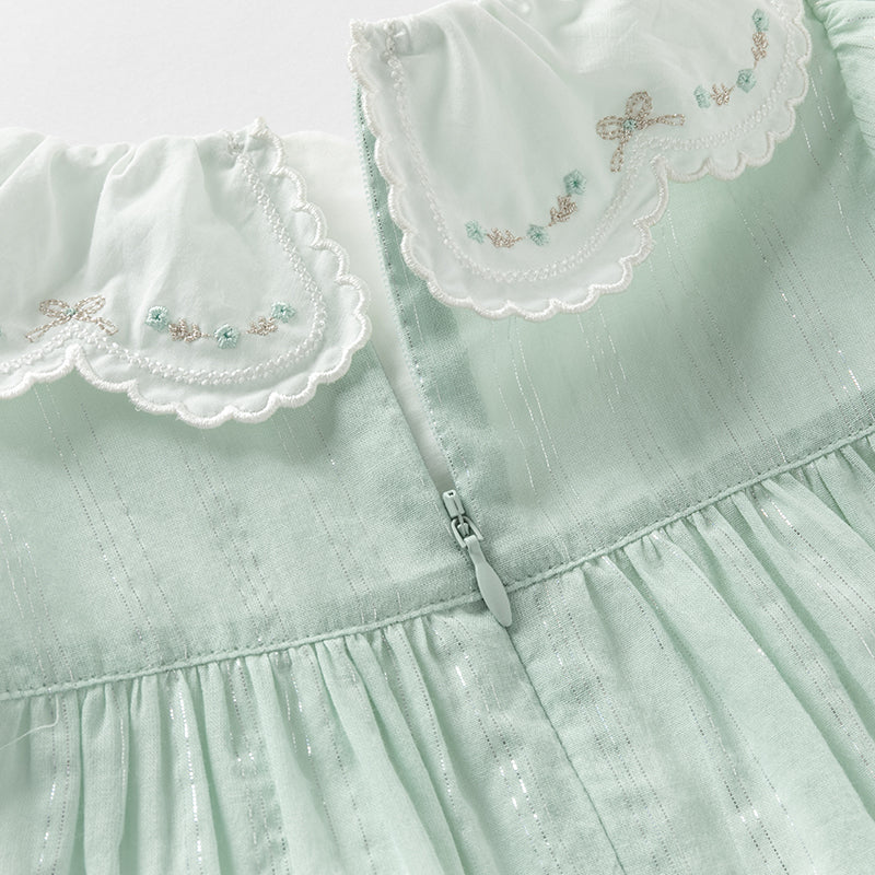 فستان بنات صيفي من القطن بأكمام قصيرة باللون الأخضر بأسلوب أميرة