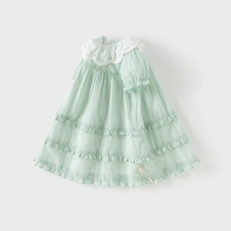 فستان بنات صيفي من القطن بأكمام قصيرة باللون الأخضر بأسلوب أميرة