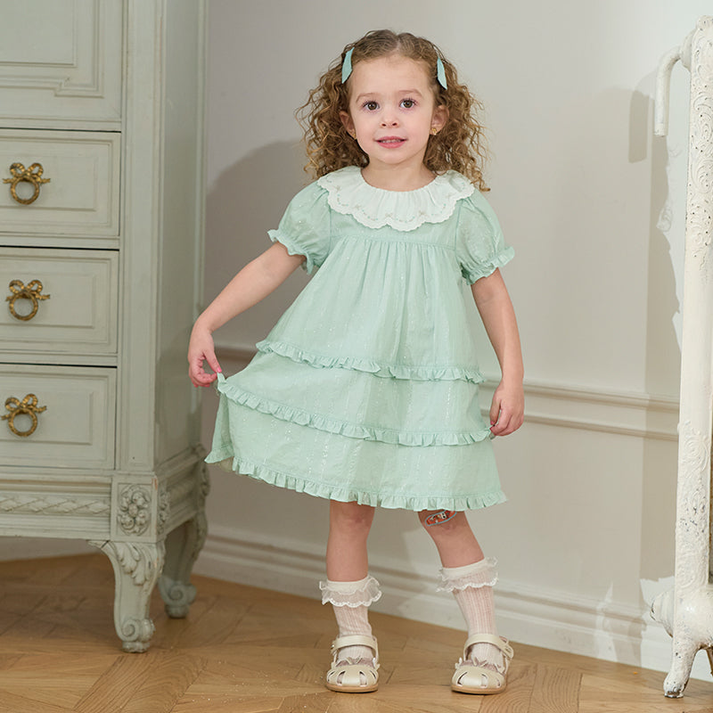 فستان بنات صيفي من القطن بأكمام قصيرة باللون الأخضر بأسلوب أميرة