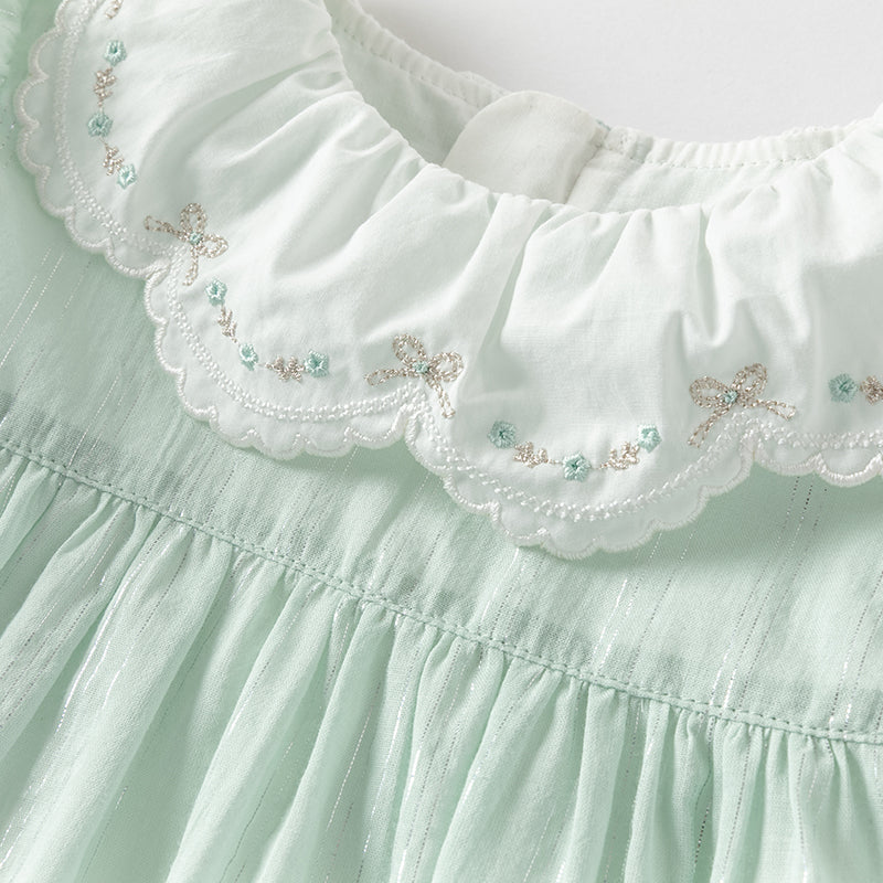 فستان بنات صيفي من القطن بأكمام قصيرة باللون الأخضر بأسلوب أميرة