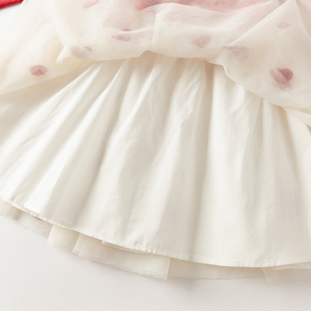 فستان بنات بأكمام طويلة من القماش المحبوك باللون الأحمر الداكن مع تنورة تول بنقاط على شكل قلوب