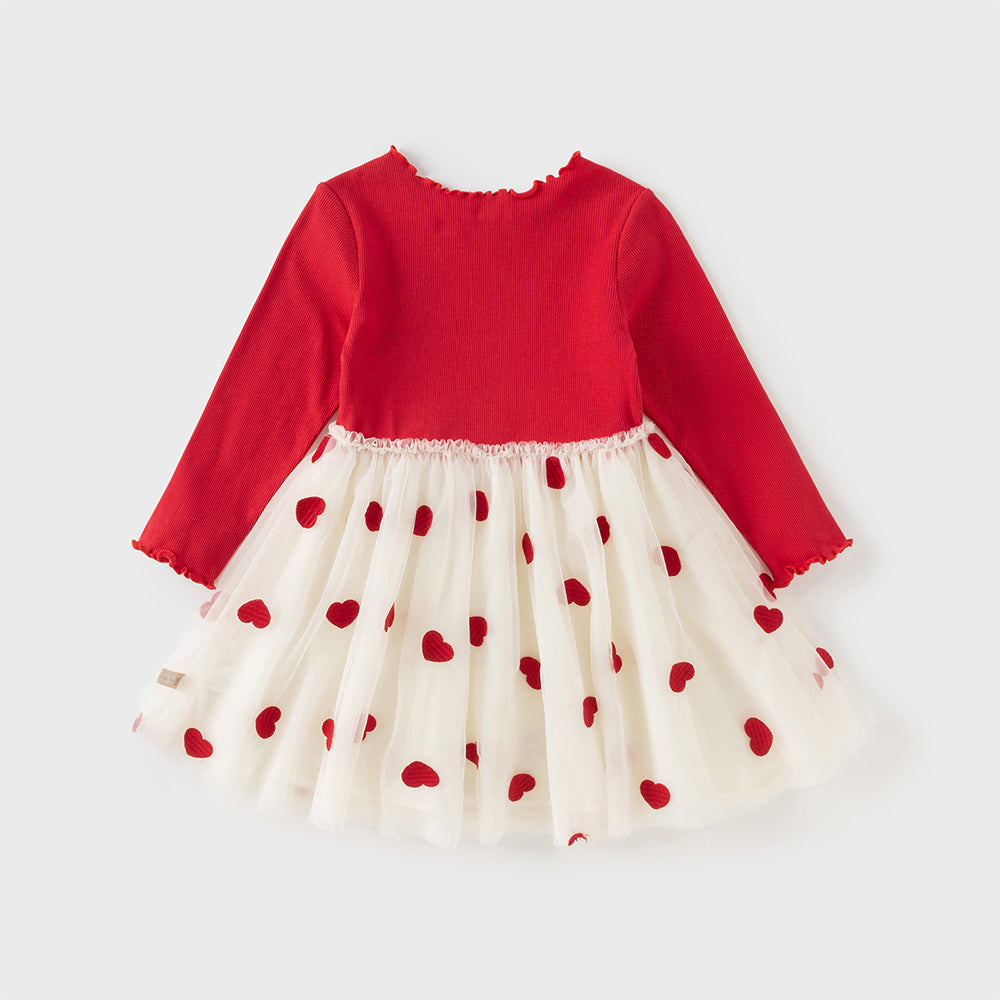 فستان بنات بأكمام طويلة من القماش المحبوك باللون الأحمر الداكن مع تنورة تول بنقاط على شكل قلوب