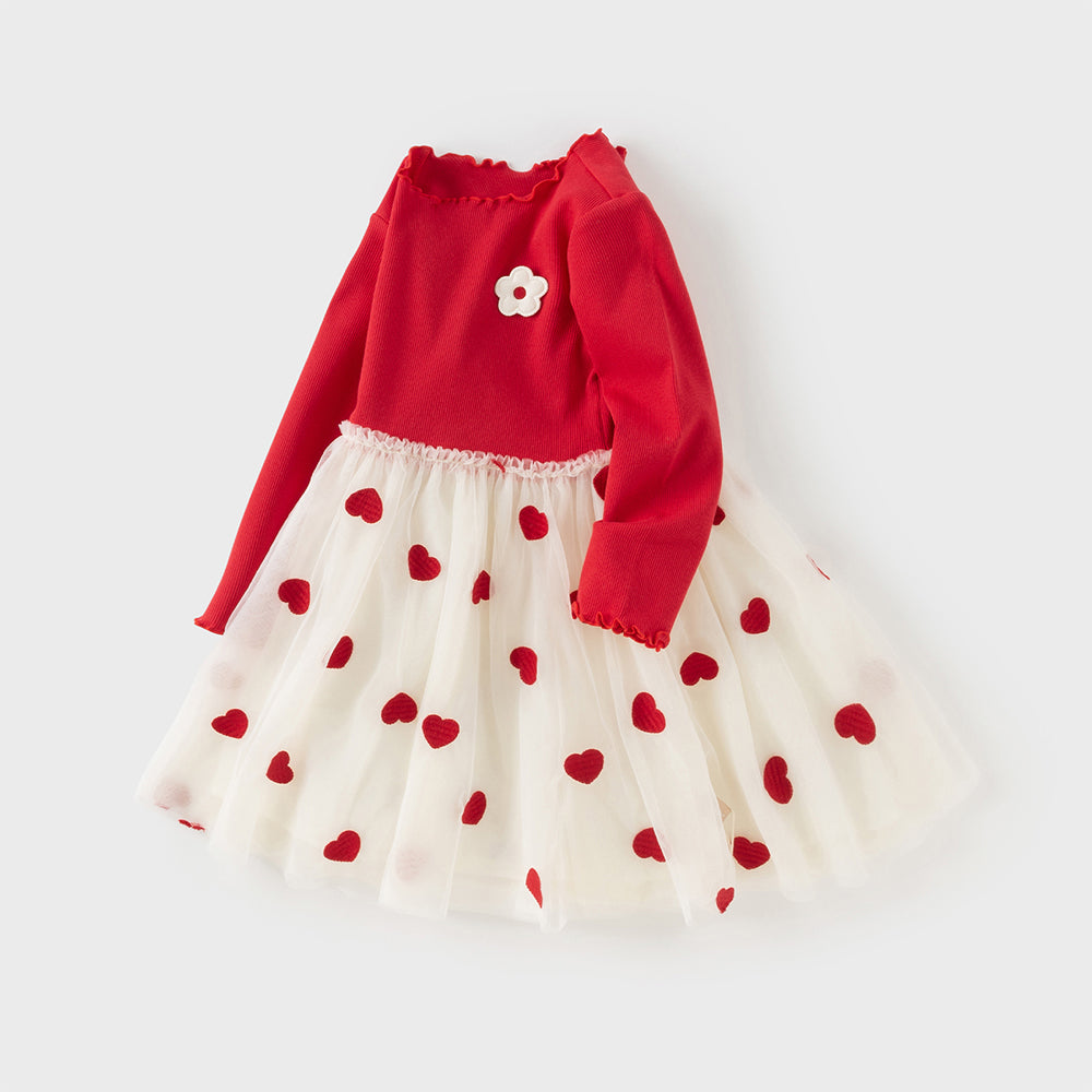 فستان بنات بأكمام طويلة من القماش المحبوك باللون الأحمر الداكن مع تنورة تول بنقاط على شكل قلوب