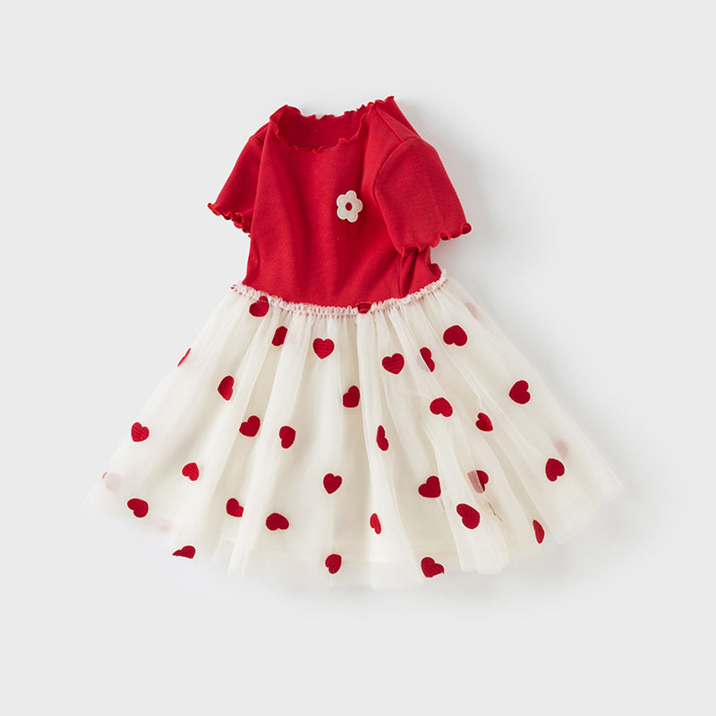 فستان شبكي غير رسمي للفتيات الصغيرات في الصيف باللون الأحمر وأكمام قصيرة