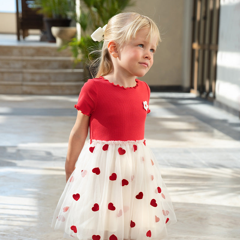 فستان شبكي غير رسمي للفتيات الصغيرات في الصيف باللون الأحمر وأكمام قصيرة