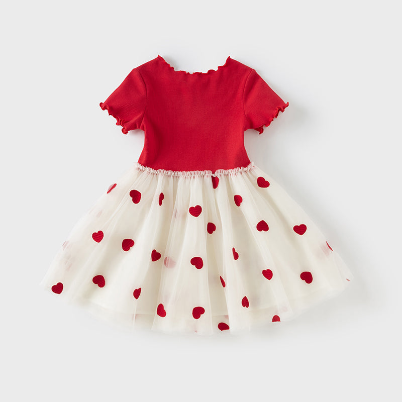 فستان شبكي غير رسمي للفتيات الصغيرات في الصيف باللون الأحمر وأكمام قصيرة