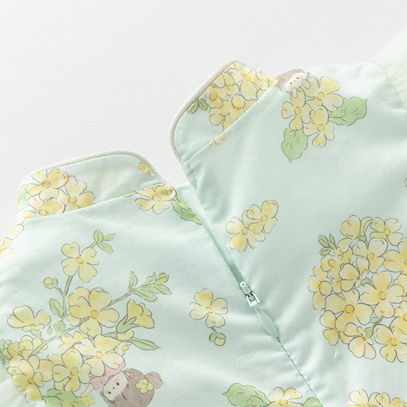 فستان بنات صيفي من التول باللون الأخضر مطبوع بالزهور تصميم صيني