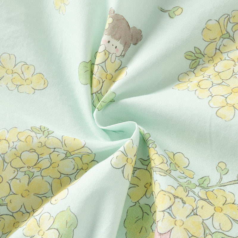 فستان بنات صيفي من التول باللون الأخضر مطبوع بالزهور تصميم صيني