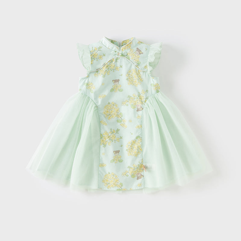 فستان بنات صيفي من التول باللون الأخضر مطبوع بالزهور تصميم صيني