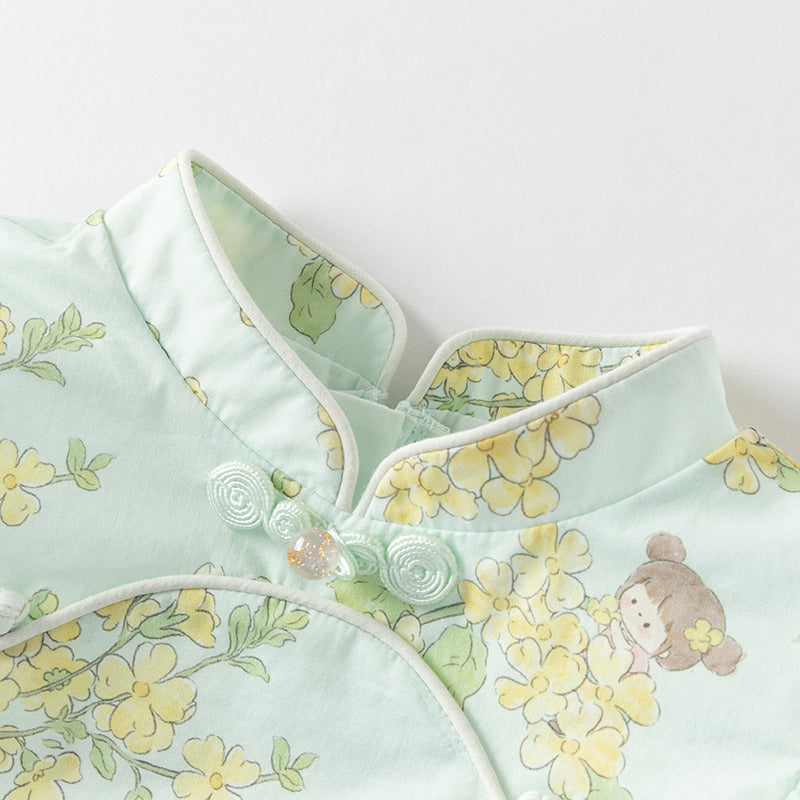 فستان بنات صيفي من التول باللون الأخضر مطبوع بالزهور تصميم صيني