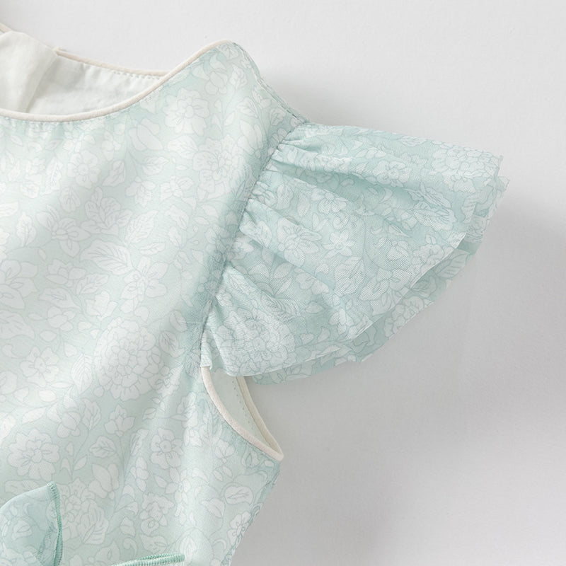 فستان صيفي من الأورجانزا باللون الأخضر للبنات، مزين بفيونكة