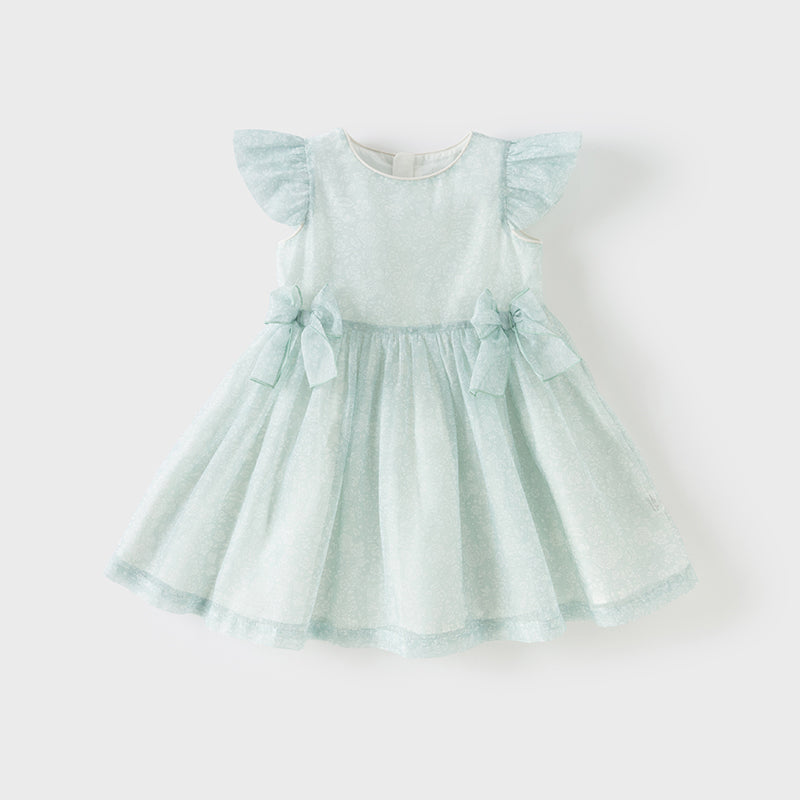 فستان صيفي من الأورجانزا باللون الأخضر للبنات، مزين بفيونكة