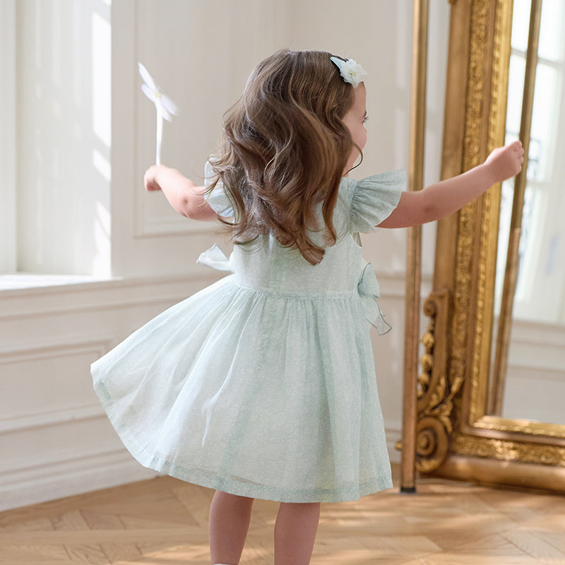 فستان صيفي من الأورجانزا باللون الأخضر للبنات، مزين بفيونكة