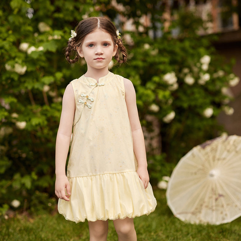 فستان بنات صيفي أصفر بطبعة زهور مع بطانة قطنية بأسلوب صيني عصري