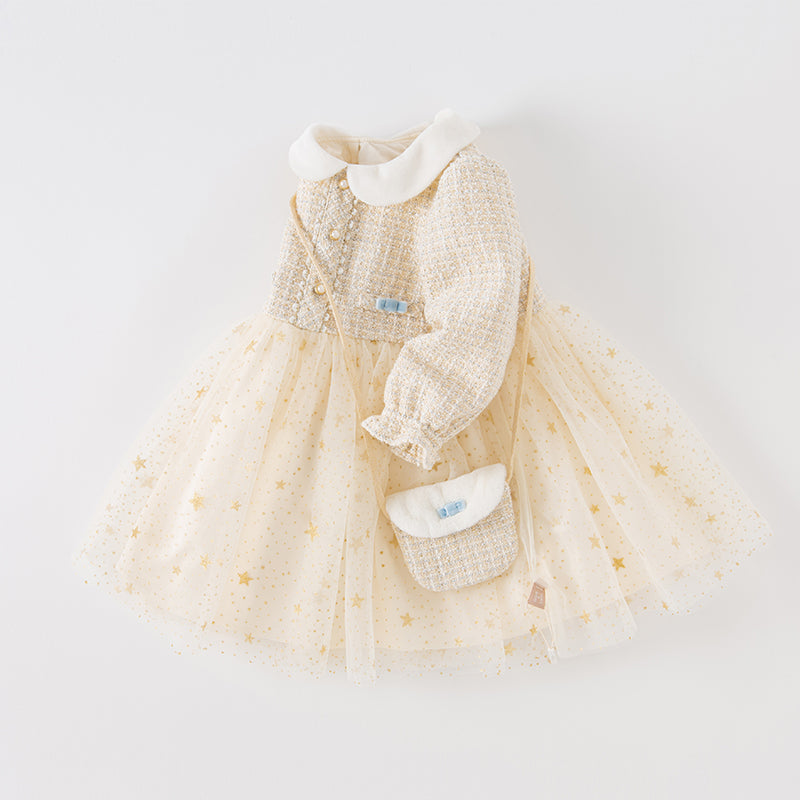 فستان للأطفال بأكمام طويلة من قماش تويد بلون أبيض حليبي مع تنورة من التول، بتصميم كلاسيكي أنيق