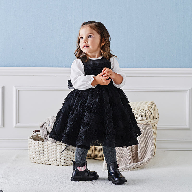 فستان أميرة للبنات الصغيرات بدون أكمام من التول الأسود بتصميم فاخر مزين بتفاصيل دقيقة وزهور ثلاثية الأبعاد