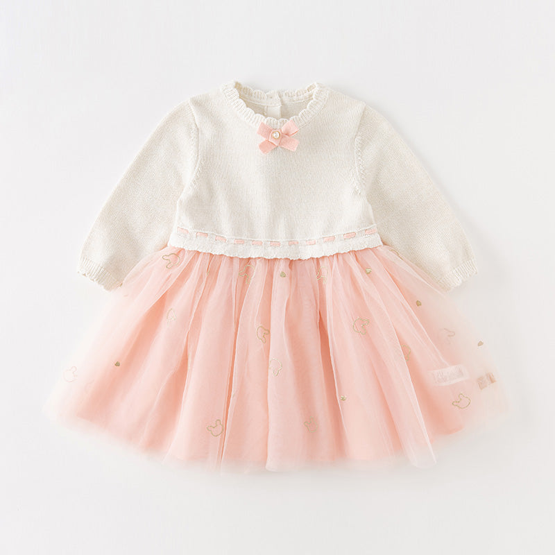 فستان بنات طويل الأكمام باللون الوردي الرمادي من القماش المحبوك مع تنورة تول منفوشة بأسلوب أميرة