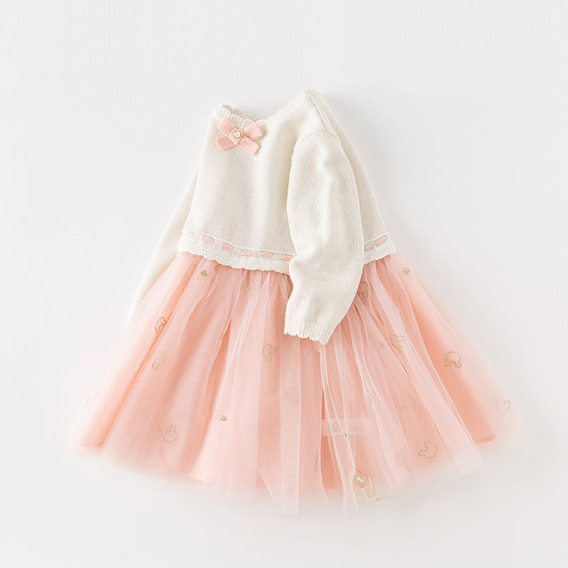 فستان بنات طويل الأكمام باللون الوردي الرمادي من القماش المحبوك مع تنورة تول منفوشة بأسلوب أميرة