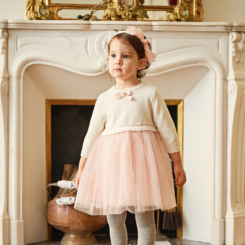 فستان بنات طويل الأكمام باللون الوردي الرمادي من القماش المحبوك مع تنورة تول منفوشة بأسلوب أميرة