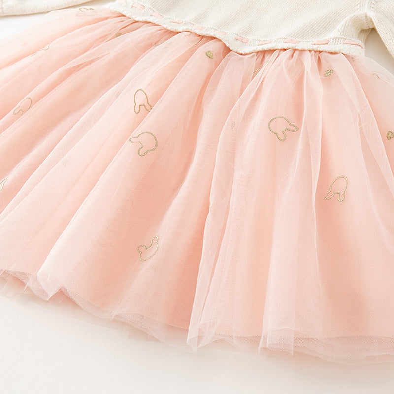 فستان بنات طويل الأكمام باللون الوردي الرمادي من القماش المحبوك مع تنورة تول منفوشة بأسلوب أميرة